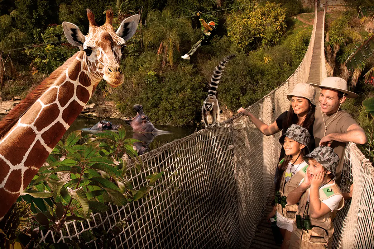 A family standing on a hanging bride in Selow Aventura park in Estepona looking at a giraffe.