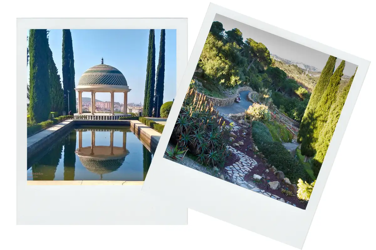 a view of the city and the gardens at the botanical gardens including paths and the city in the background.