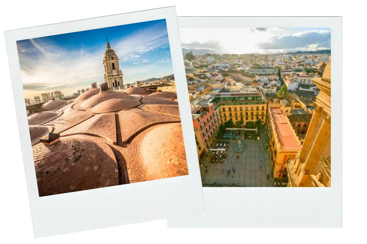 A collage of the roof of the Malaga cathedral and the view below featuring the park and buildings.