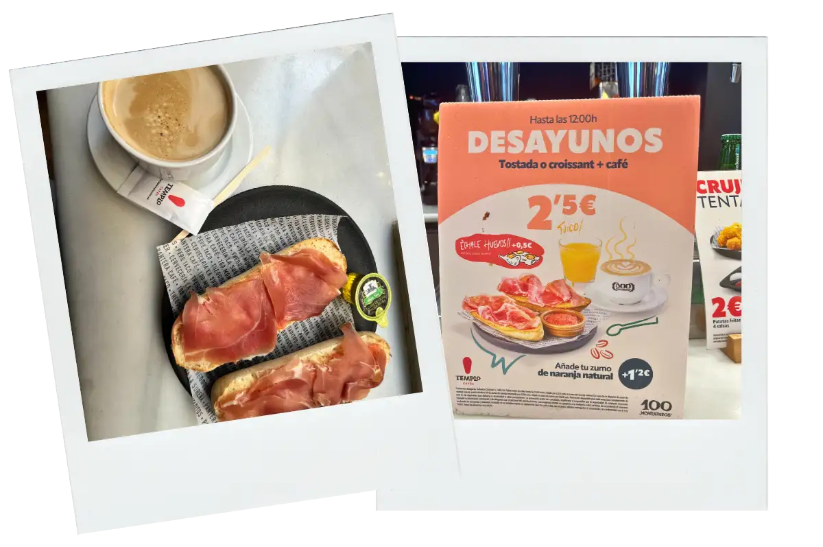 The breakfast menu at 100 Montaditos and a jam and bread sandwich with coffee.