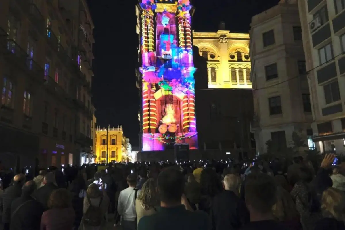 A light show against the Malaga Cathedral during Christmas.