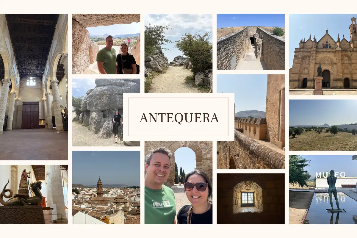A collage of the dolmens, cathedral, alcazaba, museum and more in Antequera.