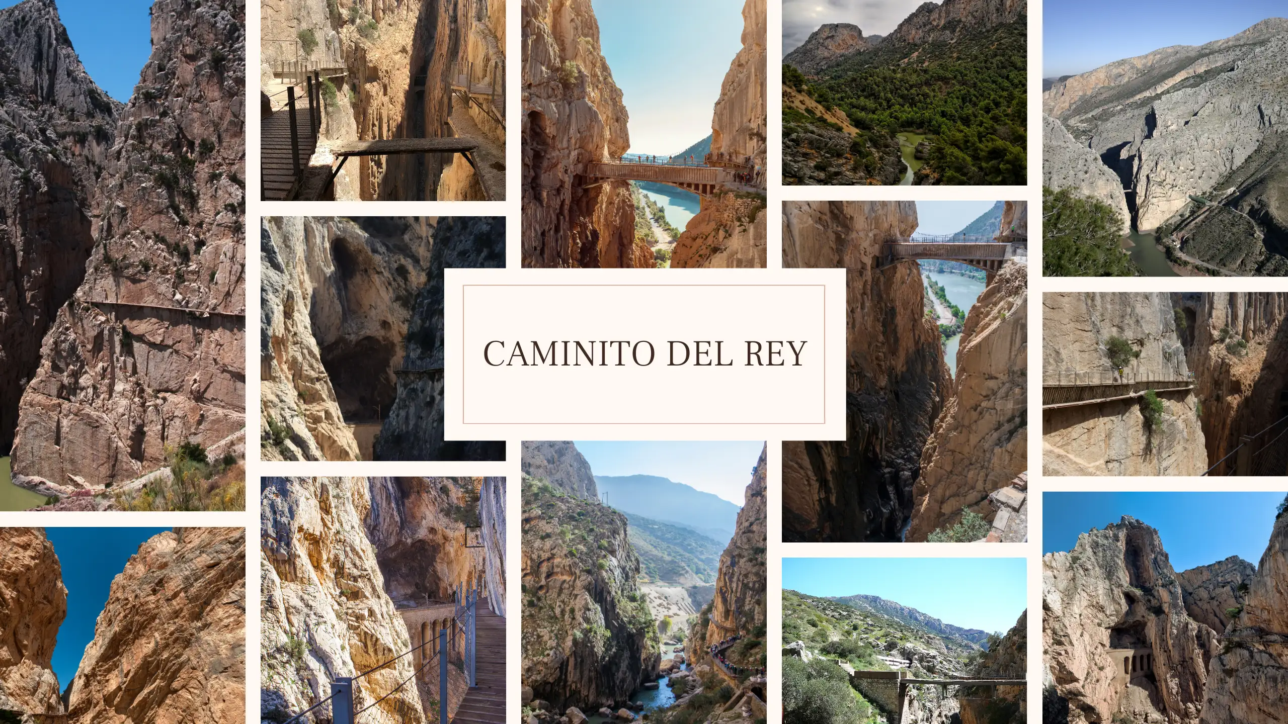 A collage of the bridge, walkway and valley of the Caminito del Rey in Malaga.