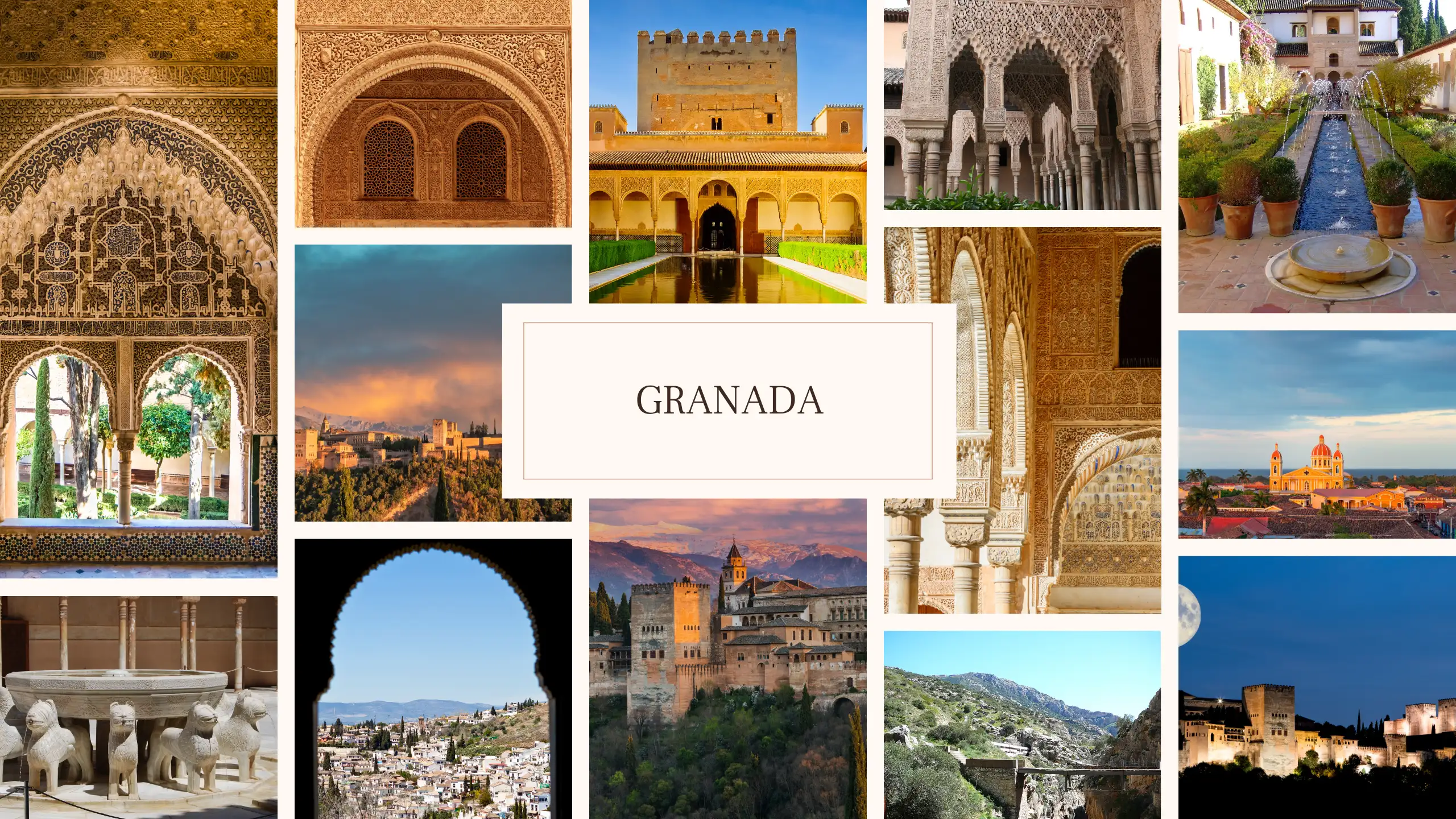 A collage of the Alhambra, city, and streets in Granada.