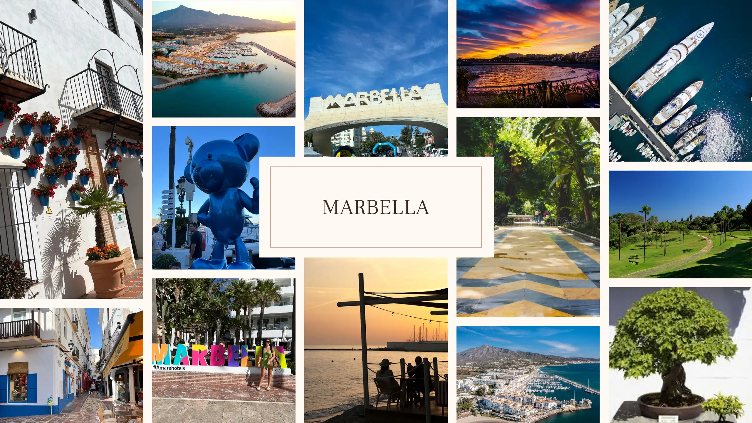 A collage of puerto banus, marbella old town, the marbella bonsai museum and more in Marbella that can be seen on a day trip from Malaga.