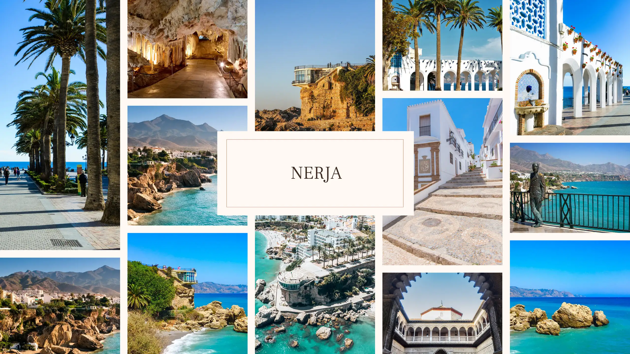 A collage of Nerja Old town, Balcon de Europa, blue ocean and palm-lined streets in Nerja.
