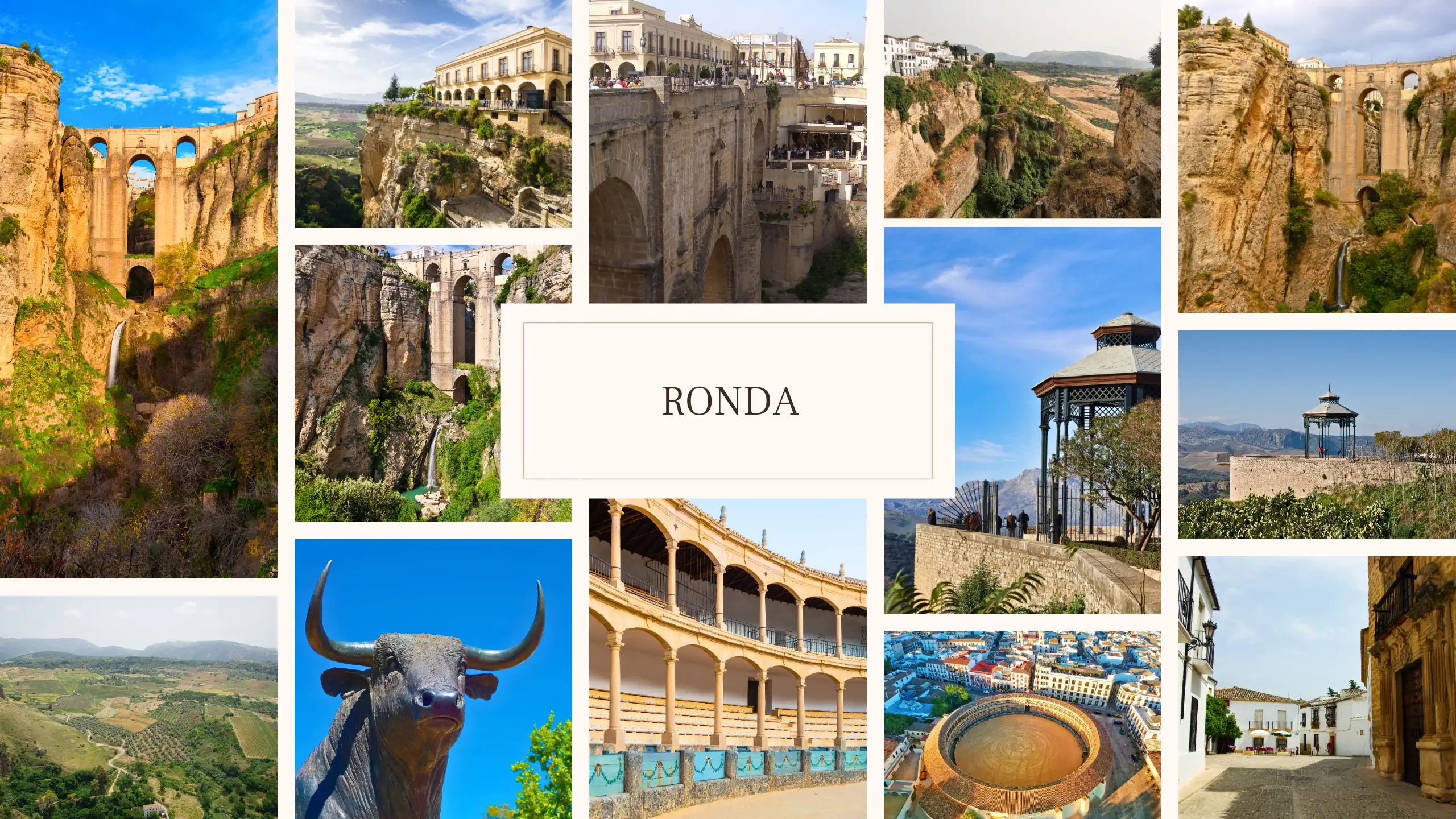A collage of the bridge, mountains and views in Ronda that can be seen on a day trip from Malaga.
