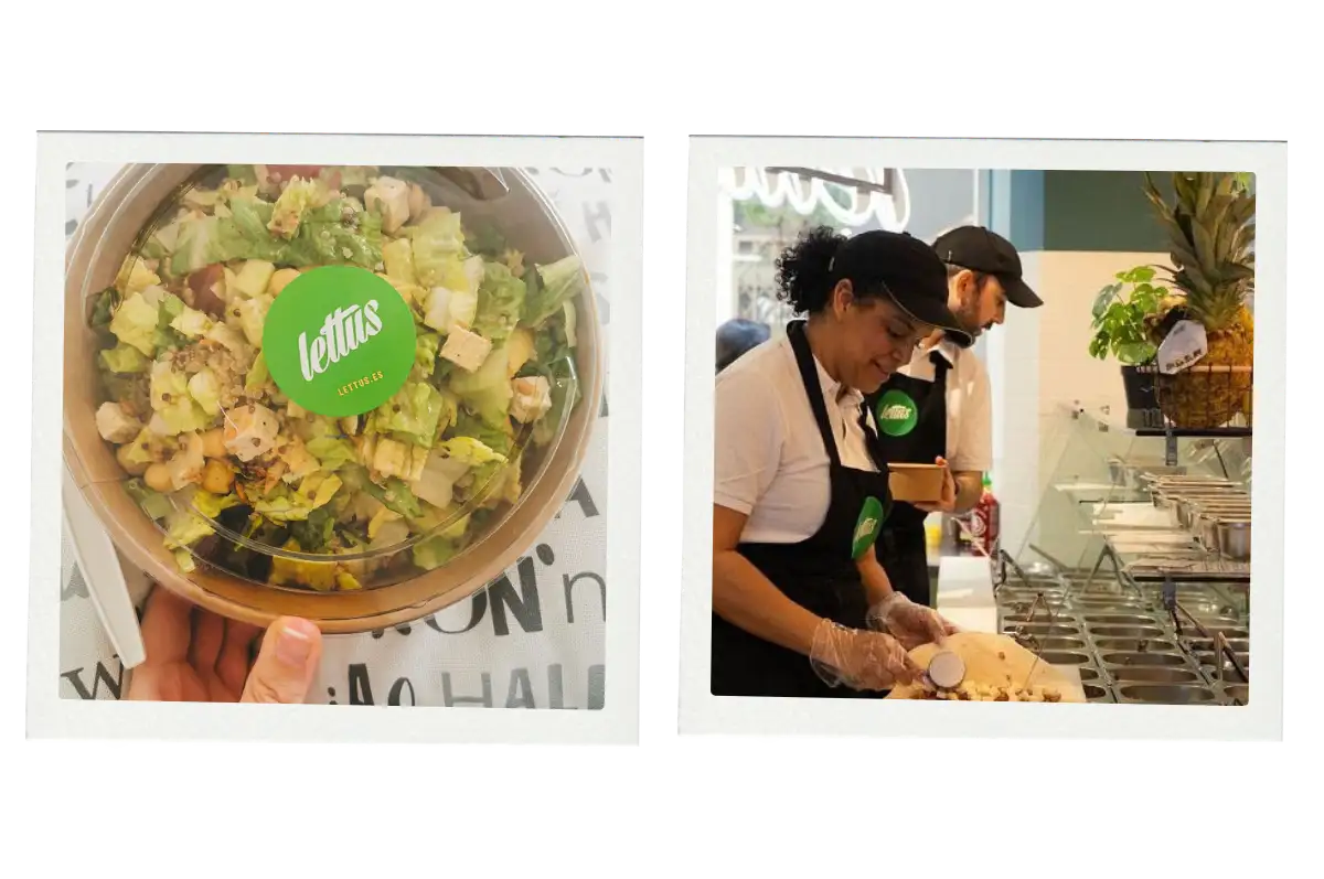 a boc with a clear lid filled with a salad and people preparing food at Lettus in malaga.
