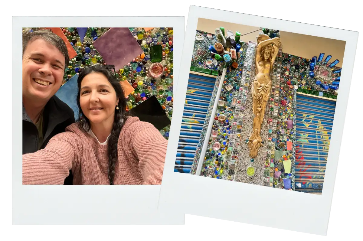 The entrance to the mosaic tile bar is covered in glass.