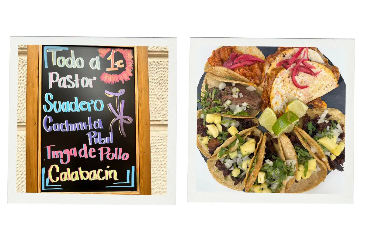 a plate filled with tacos and a menu board showing the cheap food at TKO Tacos.